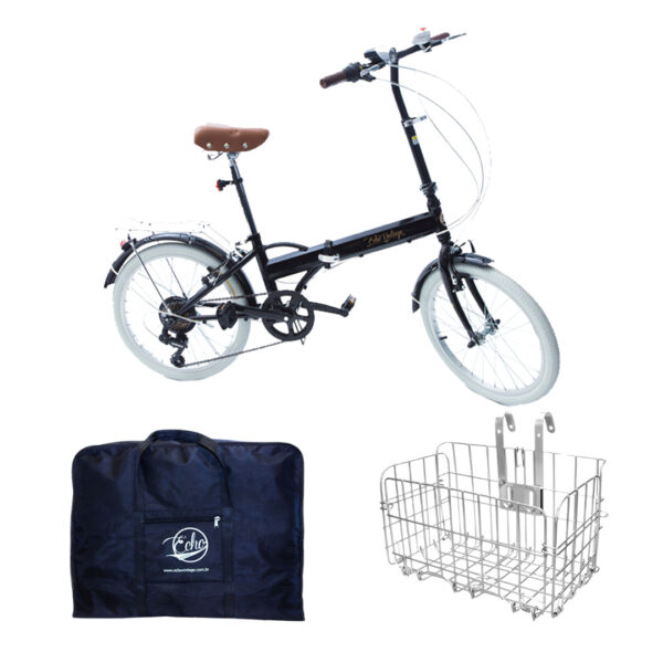 Bicicleta Dobrável Fênix Black + Acessórios + Bolsa de Transporte + Cesta de aço Dobrável
