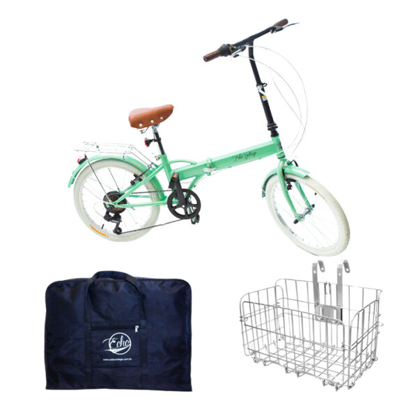 Bicicleta Dobrável Fênix Green + Acessórios + Bolsa de Transporte + Cesta de Aço Dobrável